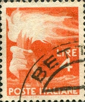N°0492-1945-ITALIE-FLAMBEAU-4L-ROUGE ORANGE