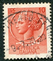N°0649-1953-ITALIE-MONNAIE SYRACUSAINE-10L-VERMILLON
