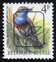 N°PRE823P-1990-BELGIQUE-OISEAU-GORGE BLEUE-4F