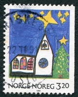 N°1014-1990-NORVEGE-NOEL-EGLISE ET SAPIN-3K20