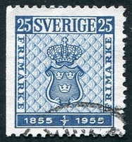 N°0395A-1954-SUEDE-CENTENAIRE DU TIMBRE-25O-BLEU