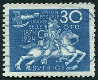 N°0183-1924-SUEDE-50 ANS U.P.U.-AVION ET MESSAGER-30O-BLEU