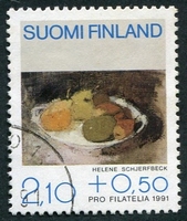 N°1099-1991-FINLANDE-TABLEAU-NATURE MORTE EN VERT-2M10+50P