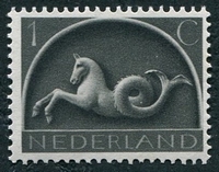 N°0395-1943-PAYS BAS-SYMBOLE-LICORNE-1C-GRIS NOIR