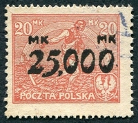 N°0273-1923-POLOGNE-SEMEUR-25000M /20M-ROUGE BRUN