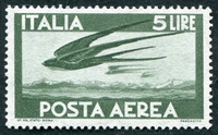 N°116-1945-ITALIE-OISEAUX STYLISES-5L-VERT FONCE