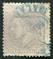 N°0187-1879-ESPAGNE-ALPHONSE XII-25C-BLEU/GRIS