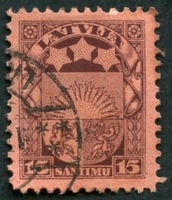 N°100-1923-LETTONIE-ARMOIRIES-15S-BRUN/LILAS S/SAUMON