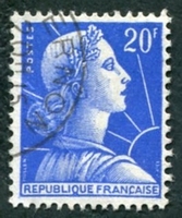 N°1011B-1955-FRANCE-MARIANNE DE MULLER-20F-BLEU