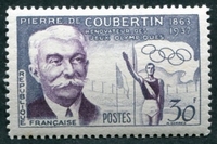 N°1088-1956-FRANCE-PIERRE DE COUBERTIN-30F-GRIS ET LILAS