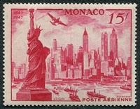N°0027-1947-MONACO-VUE DE NEW YORK-15F-ROSE CARMINE