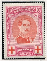 N°0133-1914-BELGIQUE-ALBERT 1ER-10+10C-CARMIN ET ROUGE