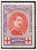 N°0134-1914-BELGIQUE-ALBERT 1ER-20+20C-VIOLET ET ROUGE