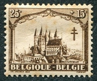 N°0268-1928-BELGIQUE-CATHEDRALE DE TOURNAI-25C+15C-BRUN