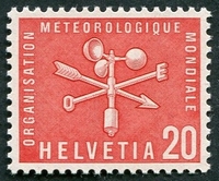 N°377-1956-SUISSE-ORGANISATION METEO MONDIALE-20C-ROUGE