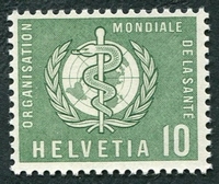N°388-1957-SUISSE-ORGANISATION MONDIALE SANTE-10C-VERT