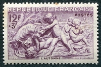 N°0861-1949-FRANCE-BAS RELIEF-L'AUTOMNE-12F+3F-VIOLET