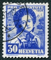 N°0301-1936-SUISSE-JEUNE FILLE DE ZURICH-30C-BLEU