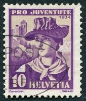 N°0279-1934-SUISSE-JEUNE FILLE DU VALAIS-10C-VIOLET