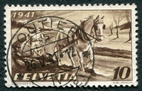 N°0367-1941-SUISSE-CHEVAL ET CHARRUE-10C-BRUN