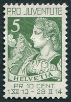 N°0137-1913-SUISSE-HELVETIA ET LE CERVIN-5C+5C-VERT