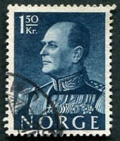 N°0387-1958-NORVEGE-ROI OLAV V-1K50-BLEU FONCE