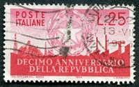 N°0726-1956-ITALIE-10E ANNIVERS DE LA REPUBLIQUE-25L