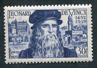 N°0929-1952-FRANCE-LEONARD DE VINCI-30F-BLEU/VIOLET