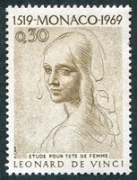 N°0799-1969-MONACO-LEONARD DE VINCI-TETE DE FEMME-30C-BISTRE