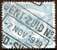 N°058-1916-BELGIQUE-ROUE AILEE-10C-BLEU/VERT