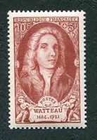 N°0855-1949-FRANCE-ANTOINE WATTEAU-10F+3F-BRUN/ROUGE