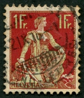 N°0126-1907-SUISSE-HELVETIA-1F-CARMIN ET OLIVE CLAIR