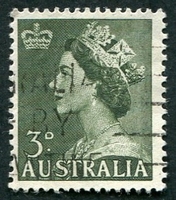 N°0197-1953-AUSTRALIE-ELIZABETH II-3P-VERT OLIVE