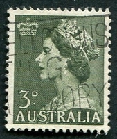 N°0197-1953-AUSTRALIE-ELIZABETH II-3P-VERT OLIVE