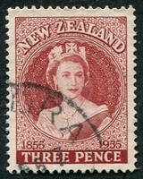 N°0344-1955-NOUVELLE ZELANDE-ELIZABETH II-3P-BRUN ROUGE