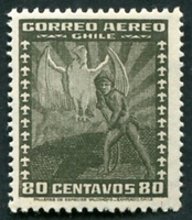 N°0037-1934-CHILI-STATUE DE CAUPOLICAN-80C-NOIR/OLIVE