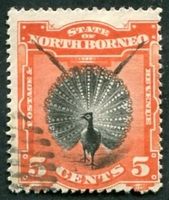 N°055-1894-BORNEO NORD-OISEAU-PAON ARGUS-5C-VERMILLON/NOIR