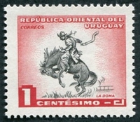 N°0624-1954-URUGUAY-DRESSAGE CHEVAL-1C-ROUGE ET NOIR