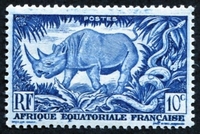 N°208-1947-AFRIQUE EQUAT FR-RHINOCEROS-10C-BLEU