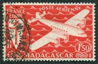 N°56-1943-MADAGASCAR-SERIE DE LONDRES-AVION-1F50-ROUGE