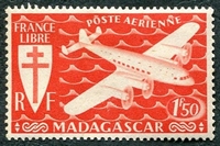 N°56-1943-MADAGASCAR-SERIE DE LONDRES-AVION-1F50-ROSE/ROUGE