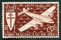 N°57-1943-MADAGASCAR-SERIE DE LONDRES-AVION-5F-BRUN/ROUGE