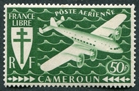 N°17-1942-CAMEROUN FR-AVION-SERIE DE LONDRES-50F-VERT